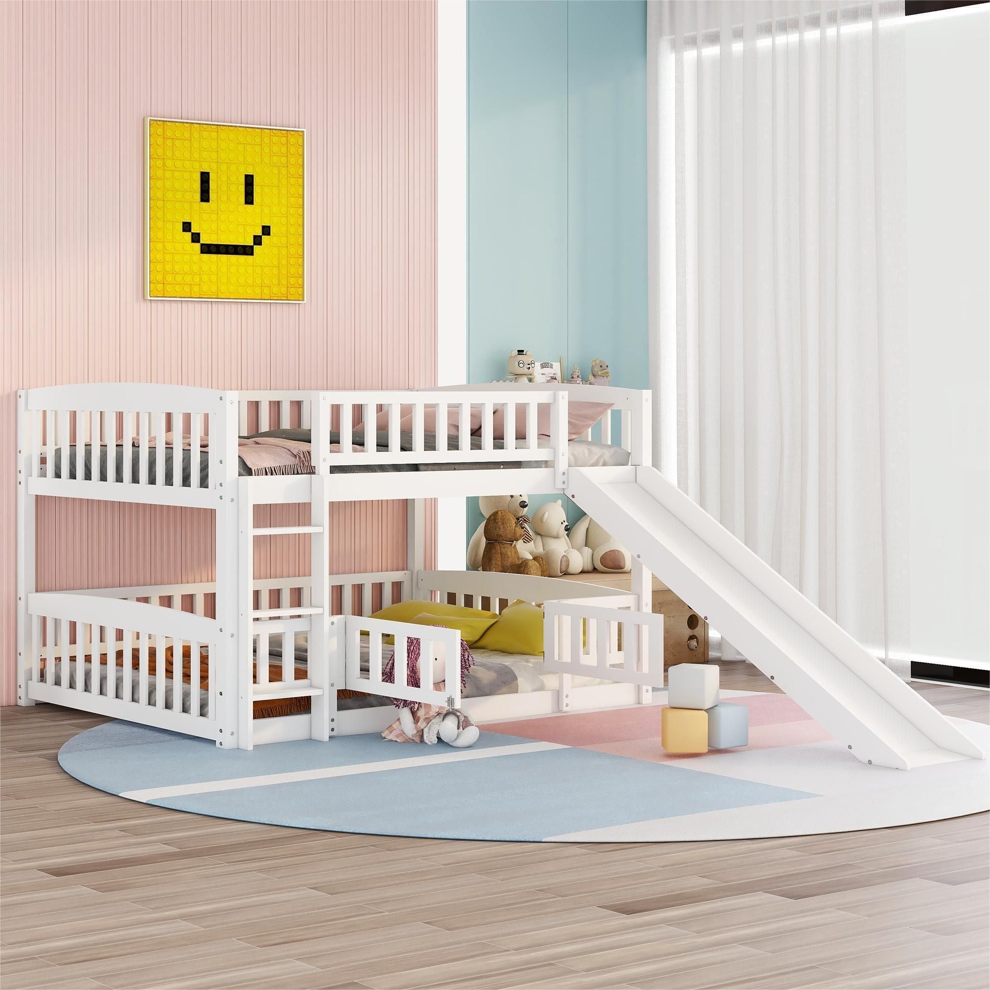 Kids Shared Room Full Over Full Wood Bunk Bed with Slide, Safety Fence, Ladder in White | Just Better Bunk Beds - Front View