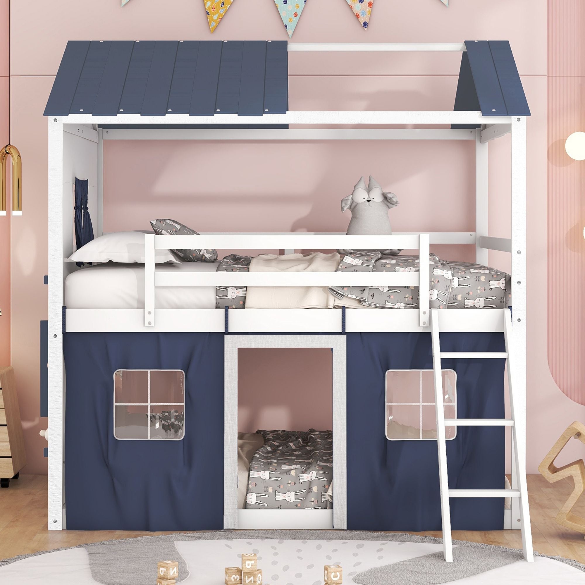 Kids Shared Room Full Over Full Wood House Bunk Bed with Windows Tent Blue White | Just Better Bunk Beds - Side View