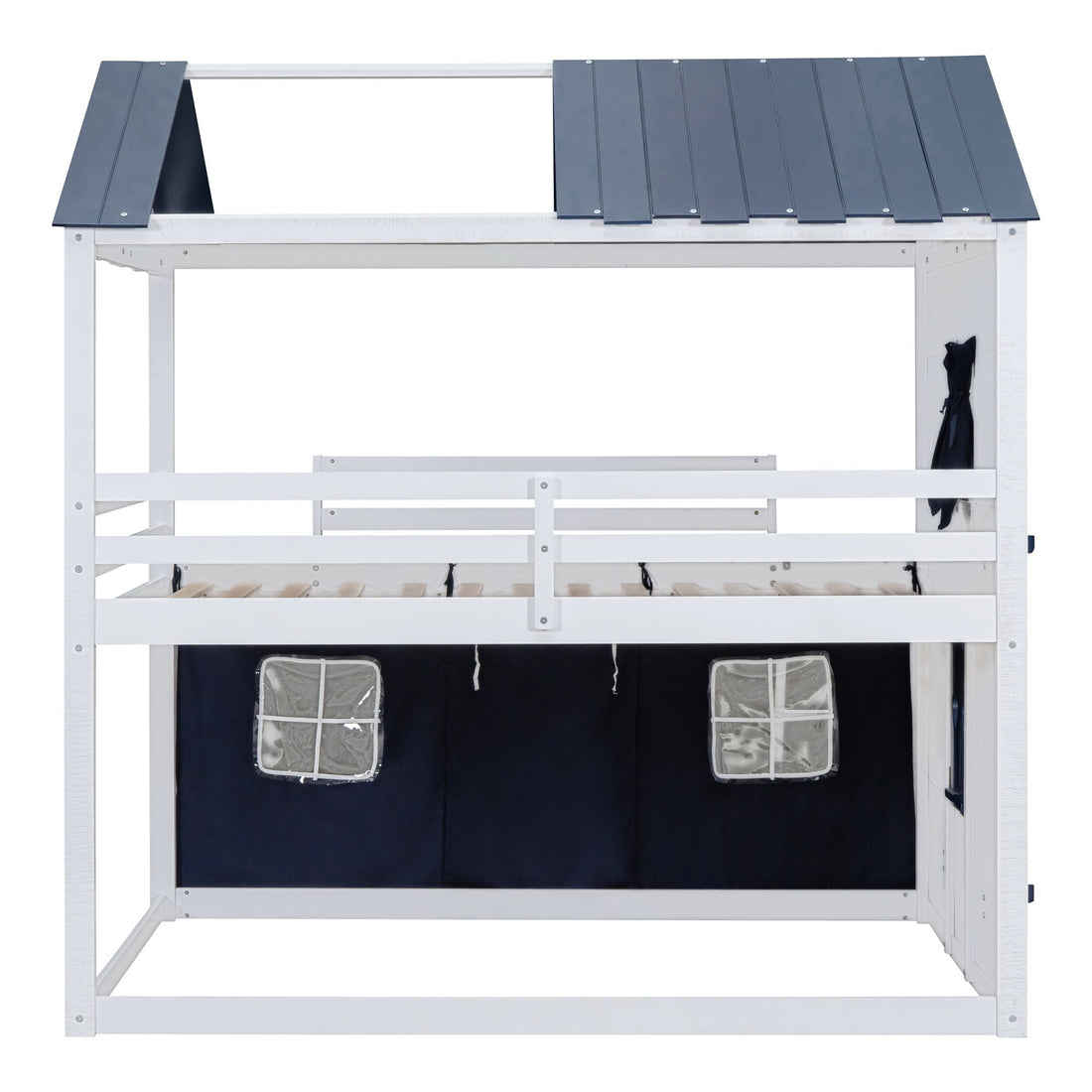 Kids Shared Room Full Over Full Wood House Bunk Bed with Windows Tent Blue White | Just Better Bunk Beds - View 16
