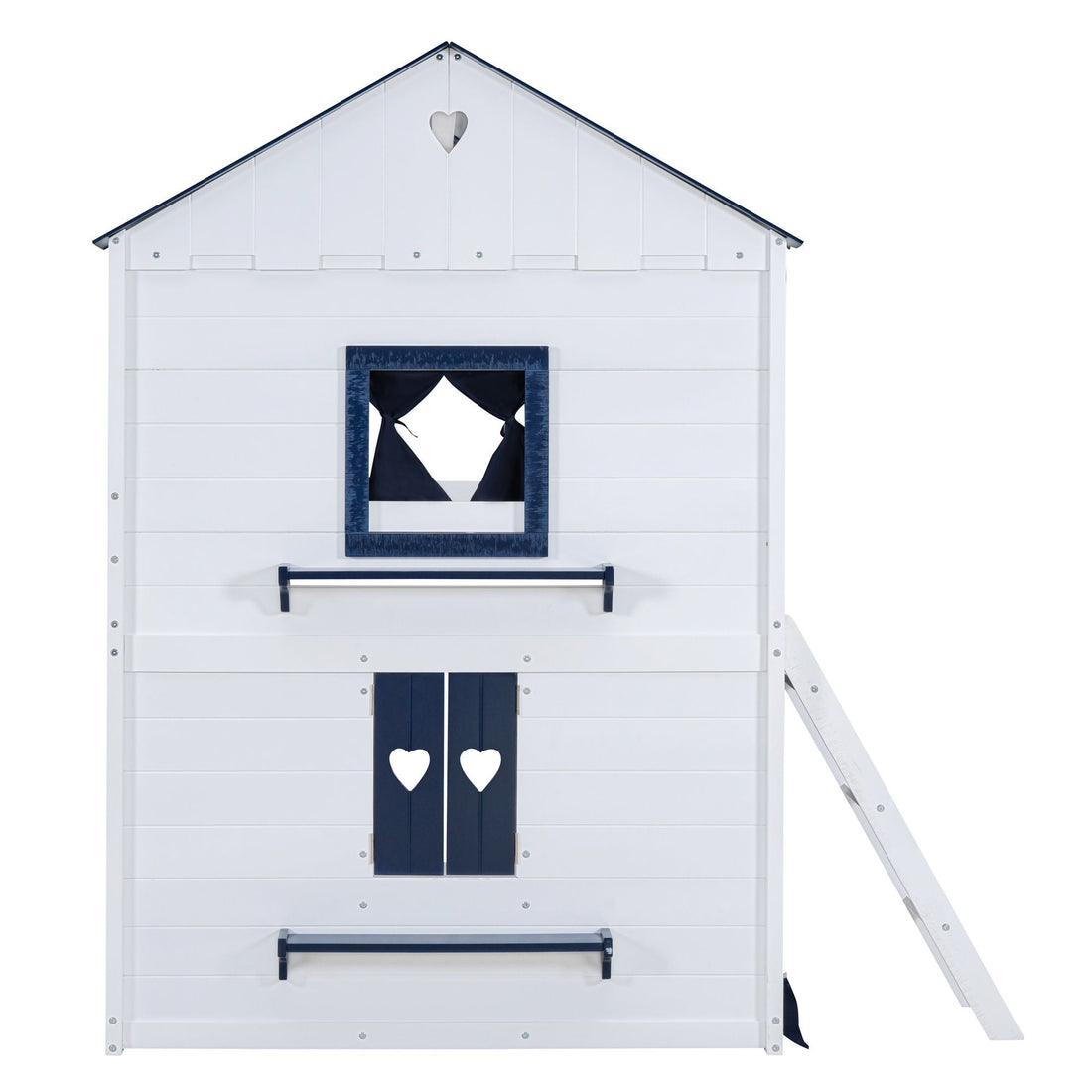 Kids Shared Room Full Over Full Wood House Bunk Bed with Windows Tent Blue White | Just Better Bunk Beds - View 10