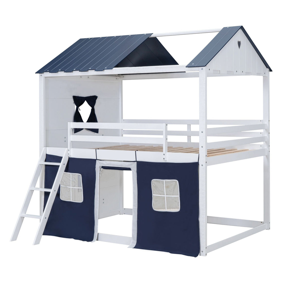 Kids Shared Room Full Over Full Wood House Bunk Bed with Windows Tent Blue White | Just Better Bunk Beds - View 8