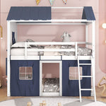 Kids Shared Room Full Over Full Wood House Bunk Bed with Windows Tent Blue White | Just Better Bunk Beds - View 20