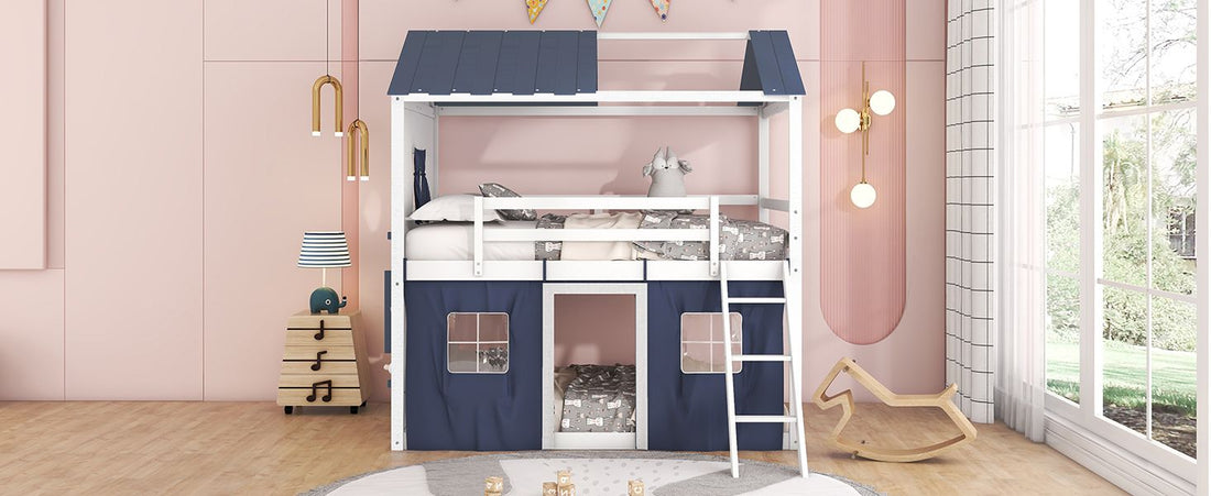 Kids Shared Room Full Over Full Wood House Bunk Bed with Windows Tent Blue White | Just Better Bunk Beds - View 20