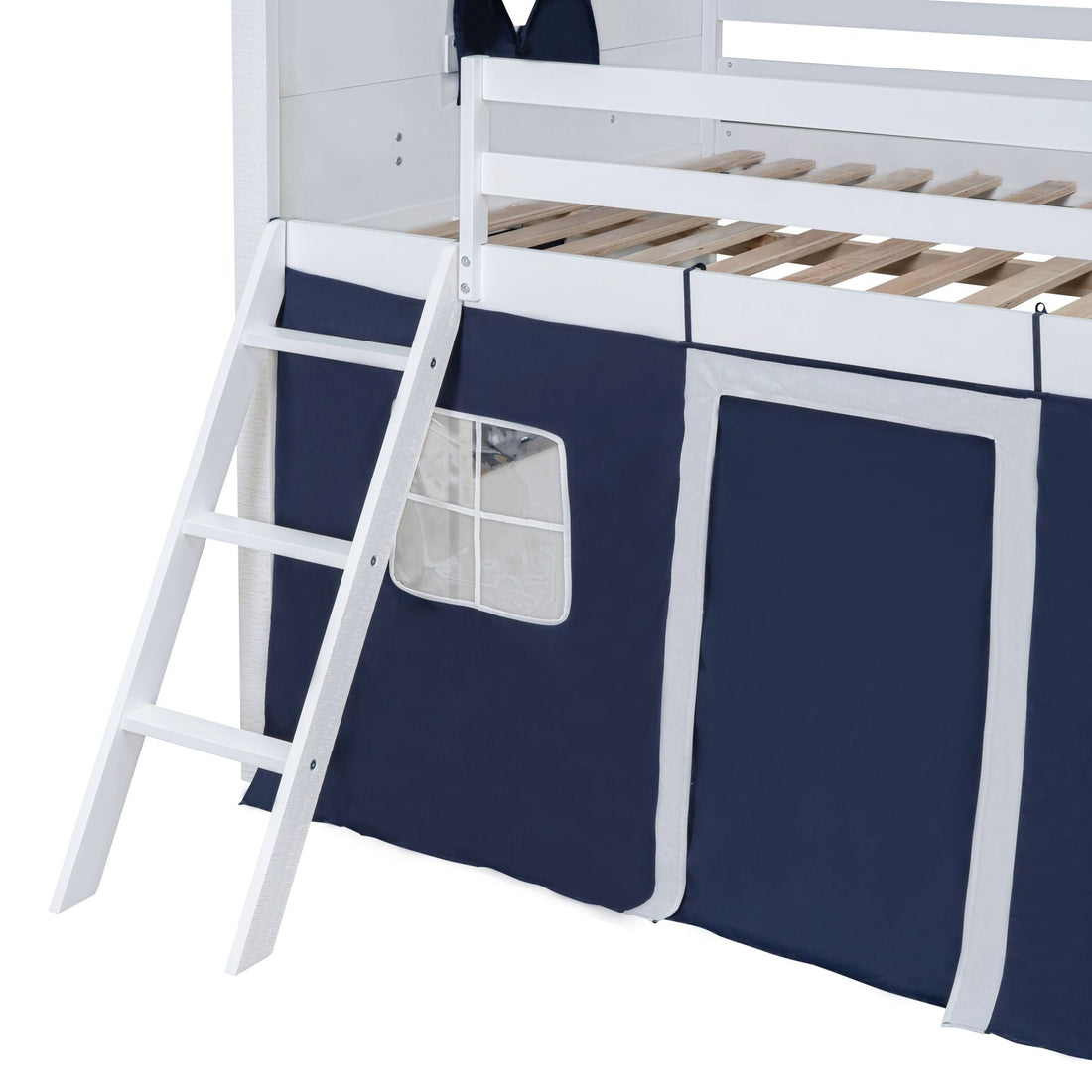 Kids Shared Room Full Over Full Wood House Bunk Bed with Windows Tent Blue White | Just Better Bunk Beds - View 14