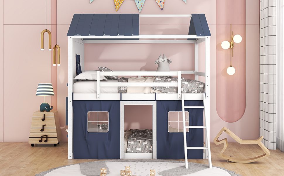 Kids Shared Room Full Over Full Wood House Bunk Bed with Windows Tent Blue White | Just Better Bunk Beds - View 18
