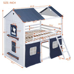 Kids Shared Room Full Over Full Wood House Bunk Bed with Windows Tent Blue White | Just Better Bunk Beds - View 7