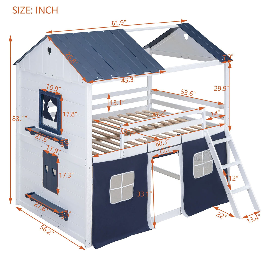 Kids Shared Room Full Over Full Wood House Bunk Bed with Windows Tent Blue White | Just Better Bunk Beds - View 7
