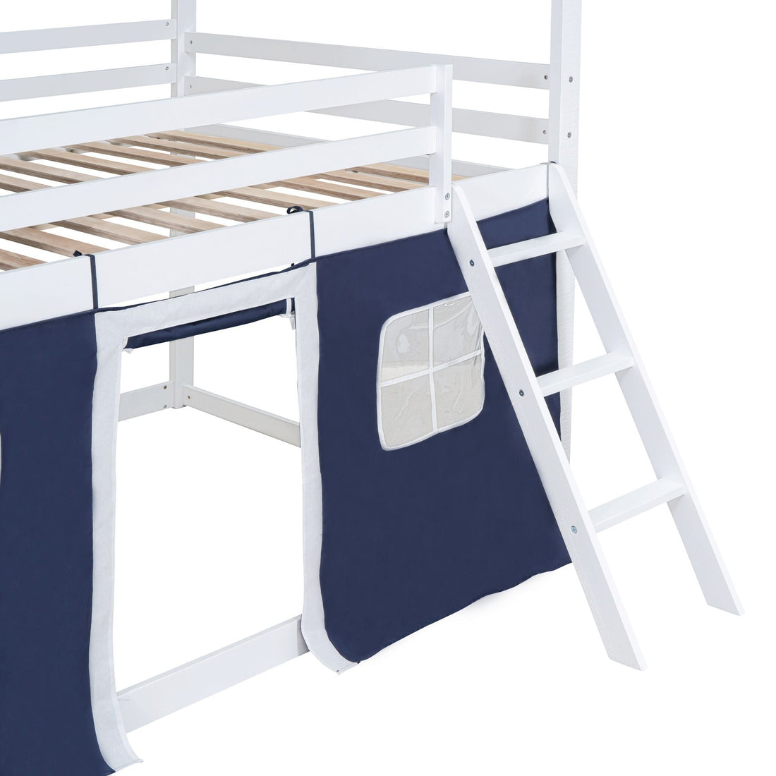 Kids Shared Room Full Over Full Wood House Bunk Bed with Windows Tent Blue White | Just Better Bunk Beds - View 9