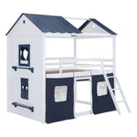 Kids Shared Room Full Over Full Wood House Bunk Bed with Windows Tent Blue White | Just Better Bunk Beds - View 6