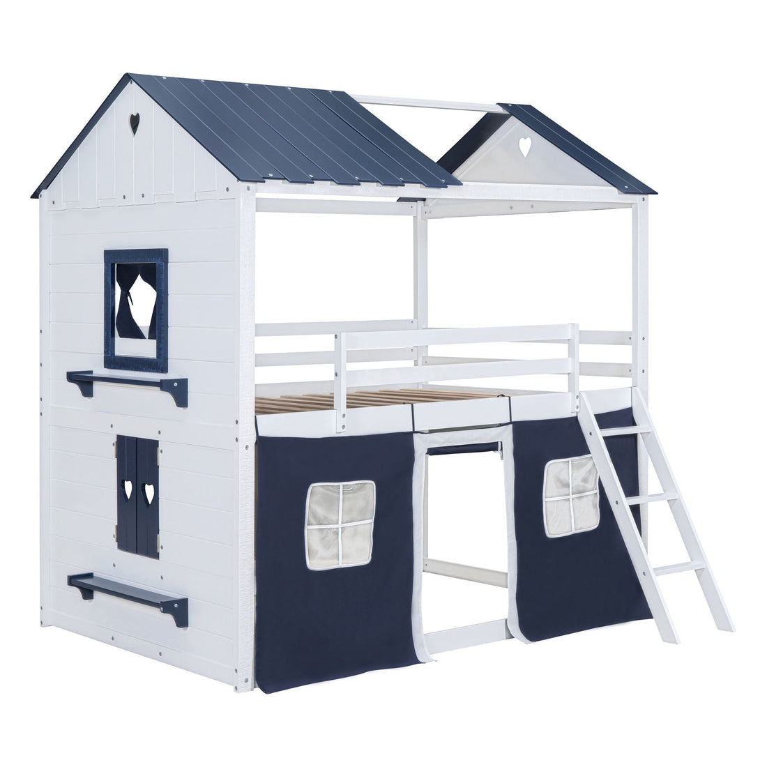 Kids Shared Room Full Over Full Wood House Bunk Bed with Windows Tent Blue White | Just Better Bunk Beds - View 6