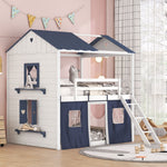 Kids Shared Room Full Over Full Wood House Bunk Bed with Windows Tent Blue White | Just Better Bunk Beds - Front View