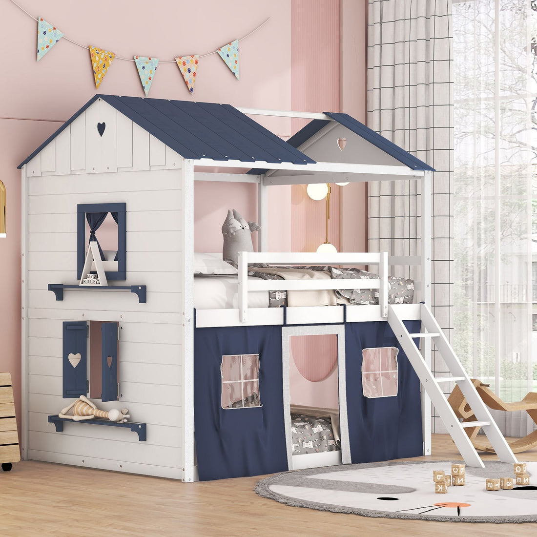 Kids Shared Room Full Over Full Wood House Bunk Bed with Windows Tent Blue White | Just Better Bunk Beds - Front View