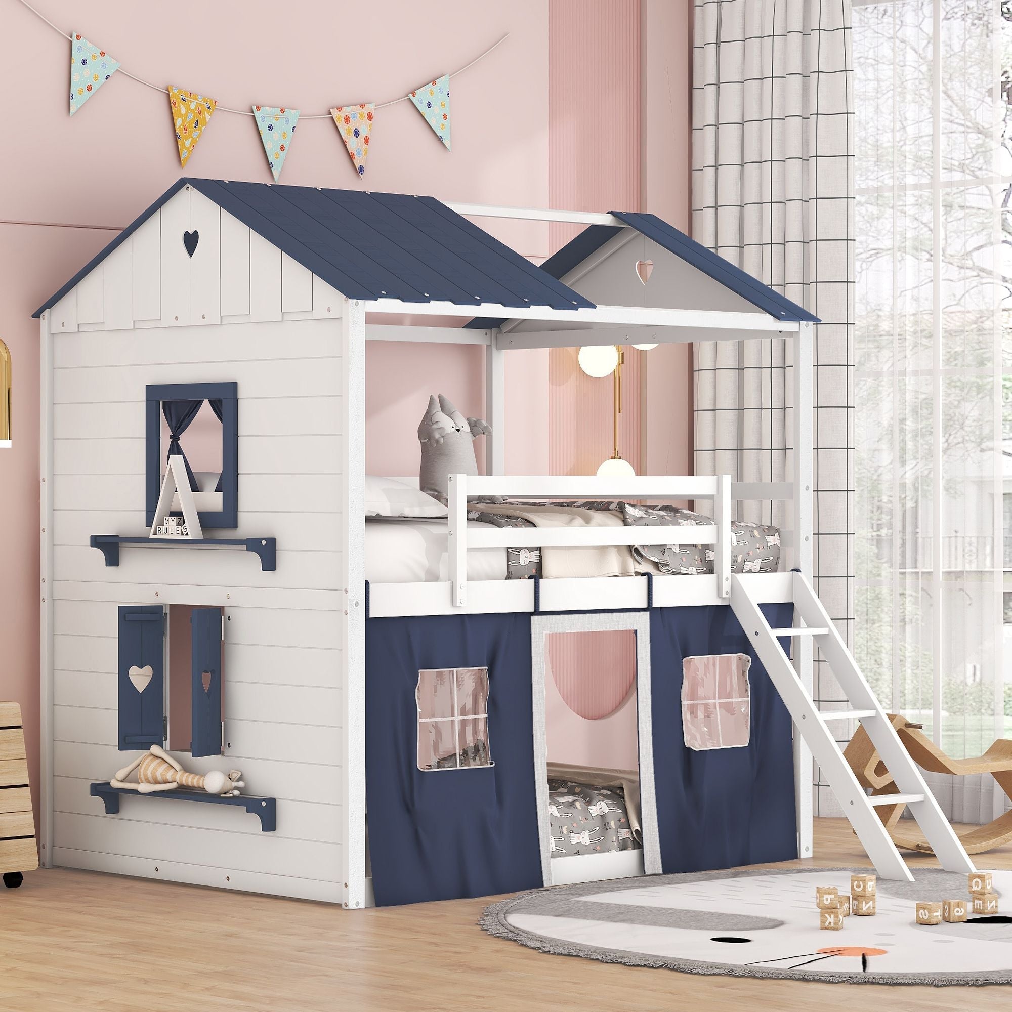 Kids Shared Room Full Over Full Wood House Bunk Bed with Windows Tent Blue White | Just Better Bunk Beds - Front View