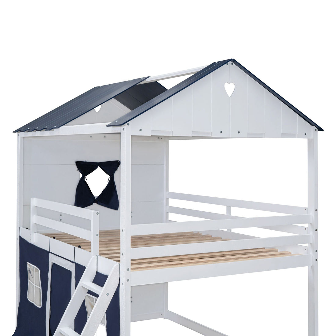 Kids Shared Room Full Over Full Wood House Bunk Bed with Windows Tent Blue White | Just Better Bunk Beds - View 13