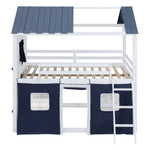 Kids Shared Room Full Over Full Wood House Bunk Bed with Windows Tent Blue White | Just Better Bunk Beds - Detail View