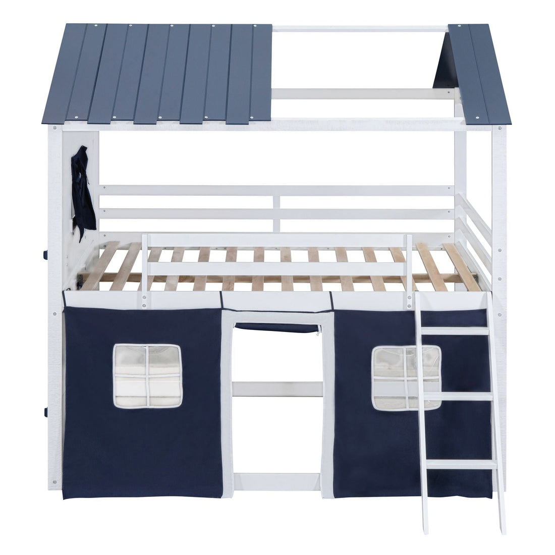 Kids Shared Room Full Over Full Wood House Bunk Bed with Windows Tent Blue White | Just Better Bunk Beds - Detail View
