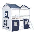 Kids Shared Room Full Over Full Wood House Bunk Bed with Windows Tent Blue White | Just Better Bunk Beds - View 5