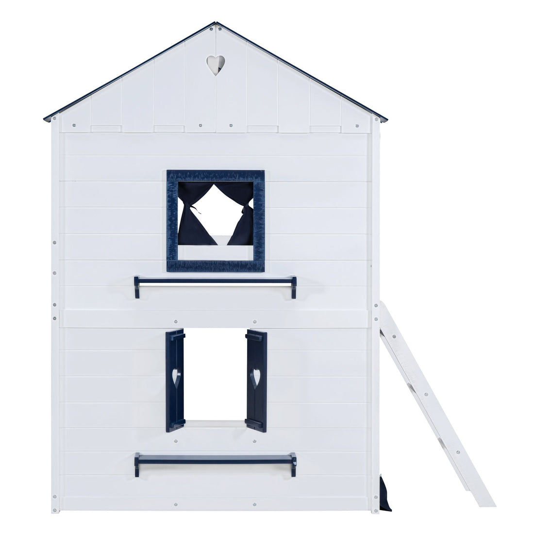 Kids Shared Room Full Over Full Wood House Bunk Bed with Windows Tent Blue White | Just Better Bunk Beds - View 11