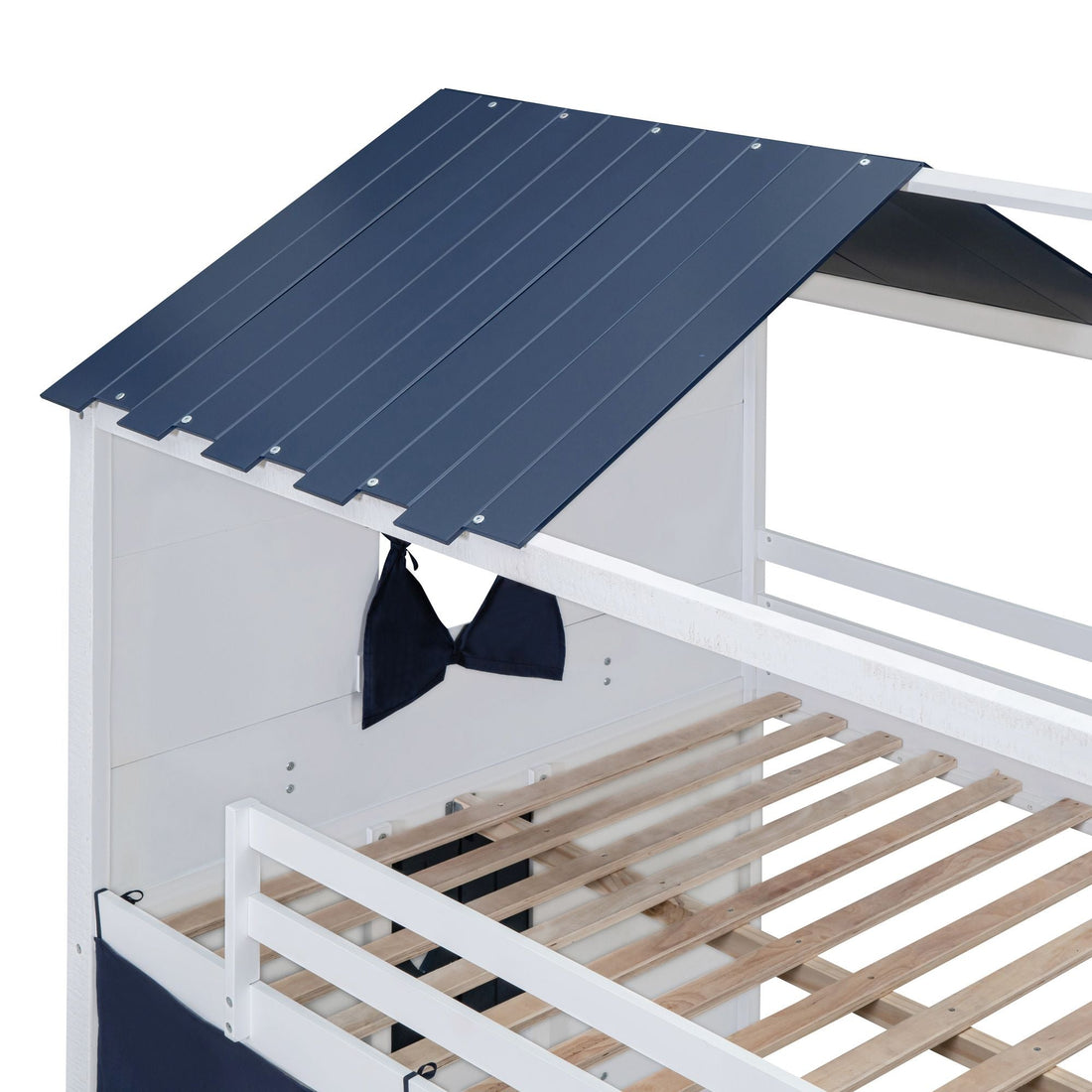 Kids Shared Room Full Over Full Wood House Bunk Bed with Windows Tent Blue White | Just Better Bunk Beds - View 12