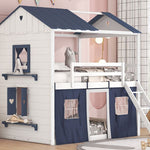 Kids Shared Room Full Over Full Wood House Bunk Bed with Windows Tent Blue White | Just Better Bunk Beds - View 19
