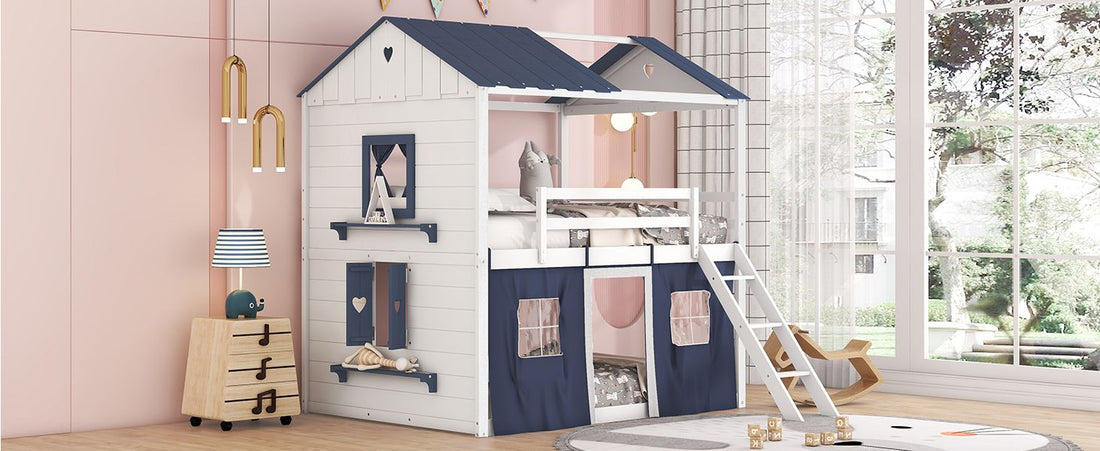 Kids Shared Room Full Over Full Wood House Bunk Bed with Windows Tent Blue White | Just Better Bunk Beds - View 19