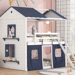 Kids Shared Room Full Over Full Wood House Bunk Bed with Windows Tent Blue White | Just Better Bunk Beds - View 17