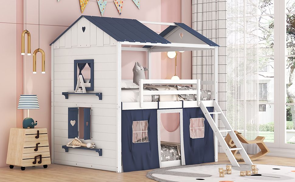 Kids Shared Room Full Over Full Wood House Bunk Bed with Windows Tent Blue White | Just Better Bunk Beds - View 17