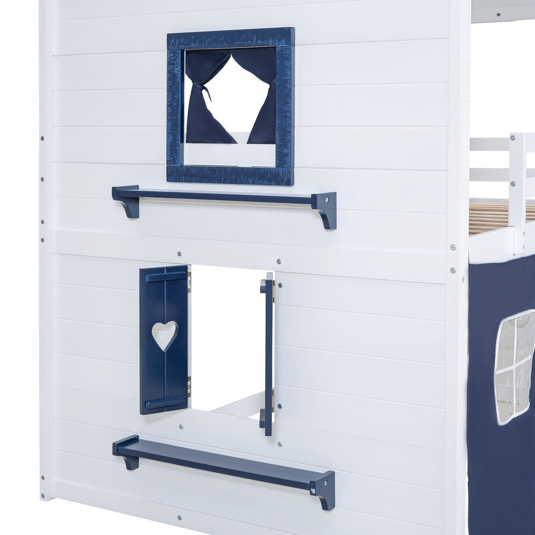 Kids Shared Room Full Over Full Wood House Bunk Bed with Windows Tent Blue White | Just Better Bunk Beds - View 15
