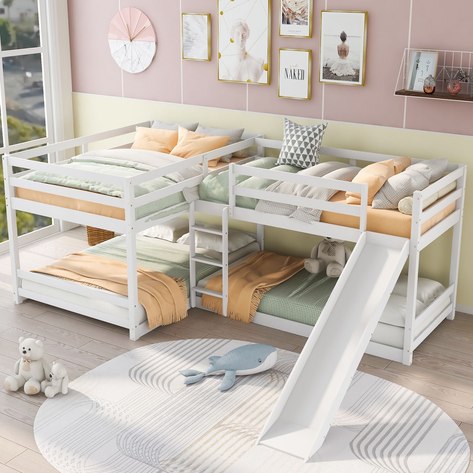 Kids Shared Room Full Over Twin Wood L-Shaped Bunk Bed with Slide and Ladder White | Just Better Bunk Beds - Front View