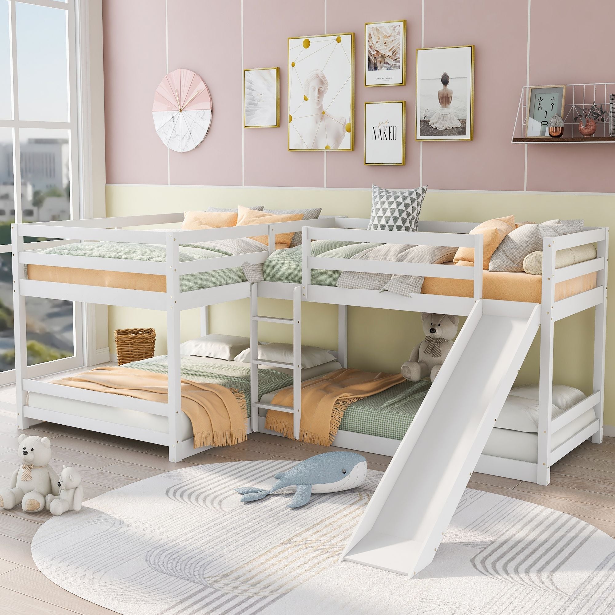 Kids Shared Room Full Over Twin Wood L-Shaped Bunk Bed with Slide and Ladder White | Just Better Bunk Beds - Side View