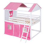 Kids Shared Room Full Size Wood Bunk Bed with House Design, Windows, Tent, Pink and White | Just Better Bunk Beds - View 9