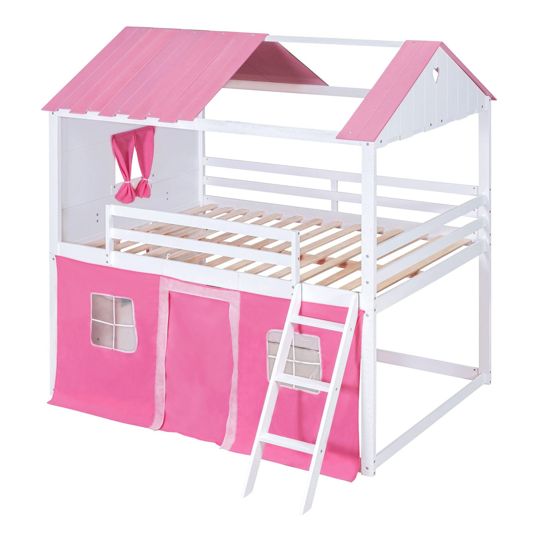 Kids Shared Room Full Size Wood Bunk Bed with House Design, Windows, Tent, Pink and White | Just Better Bunk Beds - View 9