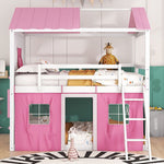 Kids Shared Room Full Size Wood Bunk Bed with House Design, Windows, Tent, Pink and White | Just Better Bunk Beds - View 20