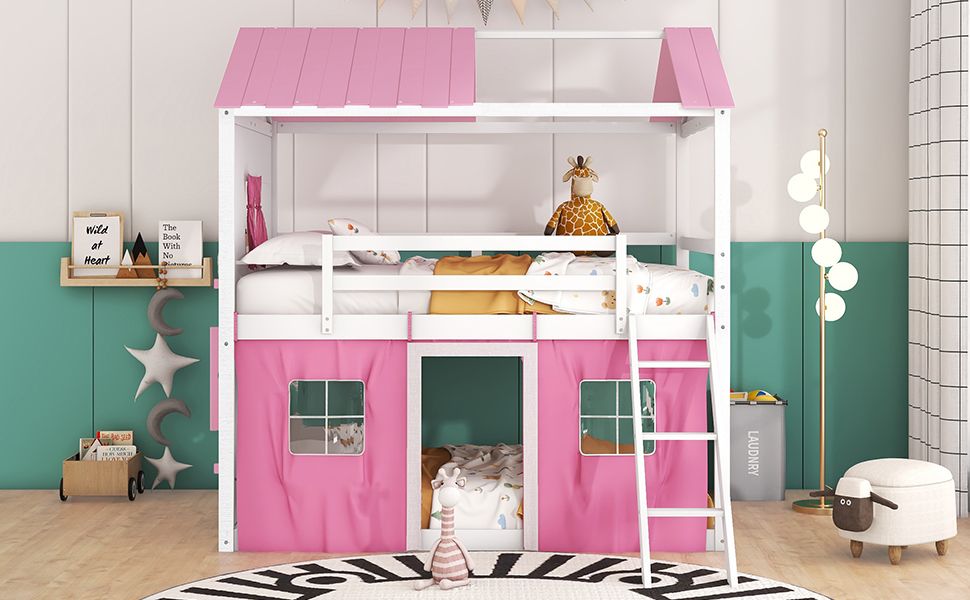 Kids Shared Room Full Size Wood Bunk Bed with House Design, Windows, Tent, Pink and White | Just Better Bunk Beds - View 20
