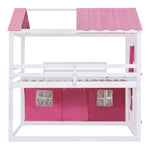 Kids Shared Room Full Size Wood Bunk Bed with House Design, Windows, Tent, Pink and White | Just Better Bunk Beds - View 14