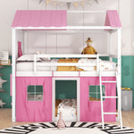 Kids Shared Room Full Size Wood Bunk Bed with House Design, Windows, Tent, Pink and White | Just Better Bunk Beds - Side View