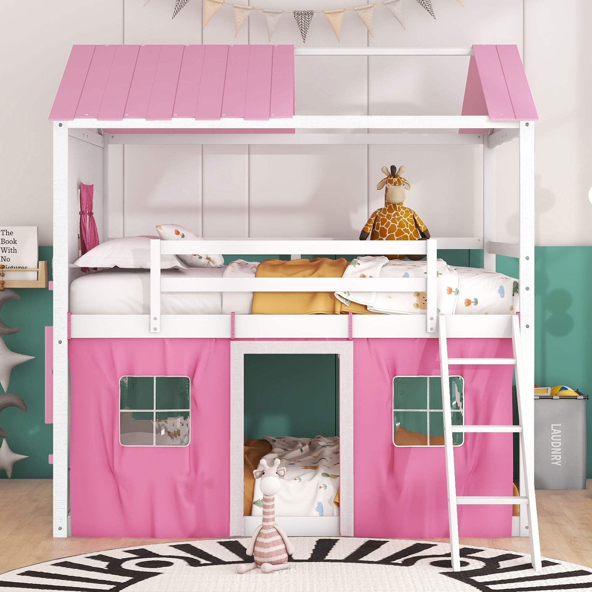 Kids Shared Room Full Size Wood Bunk Bed with House Design, Windows, Tent, Pink and White | Just Better Bunk Beds - Side View