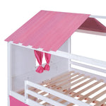 Kids Shared Room Full Size Wood Bunk Bed with House Design, Windows, Tent, Pink and White | Just Better Bunk Beds - View 10