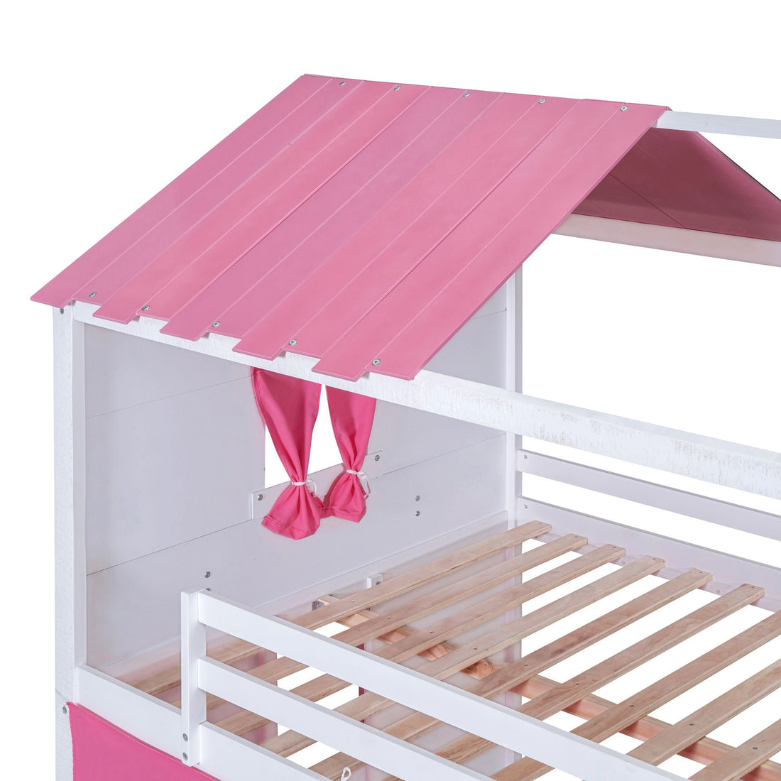 Kids Shared Room Full Size Wood Bunk Bed with House Design, Windows, Tent, Pink and White | Just Better Bunk Beds - View 10