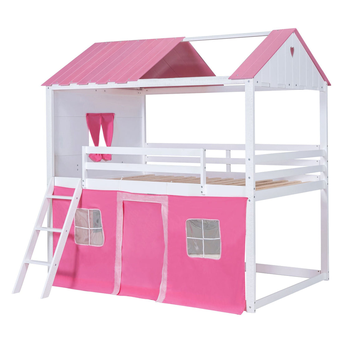 Kids Shared Room Full Size Wood Bunk Bed with House Design, Windows, Tent, Pink and White | Just Better Bunk Beds - View 8
