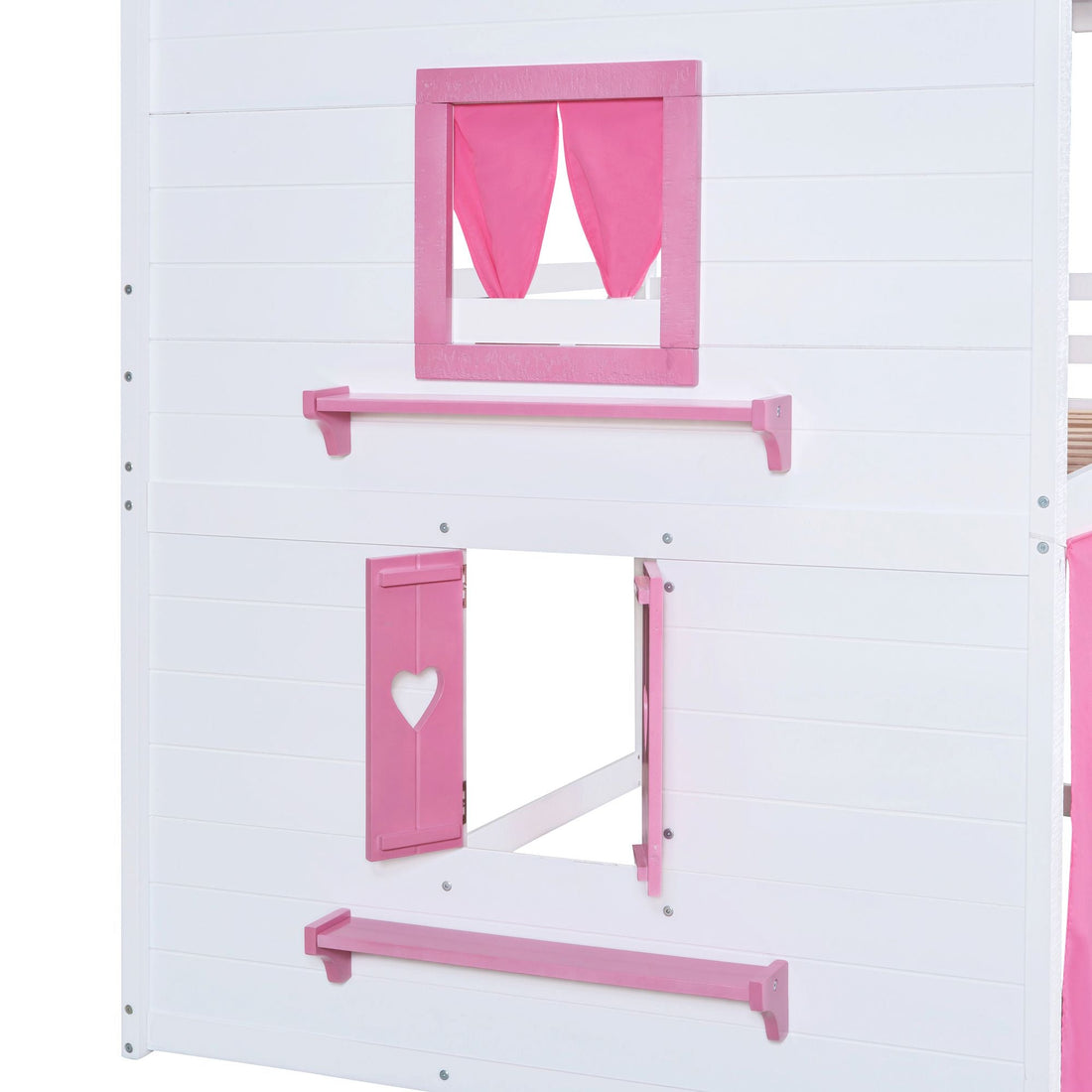 Kids Shared Room Full Size Wood Bunk Bed with House Design, Windows, Tent, Pink and White | Just Better Bunk Beds - View 11