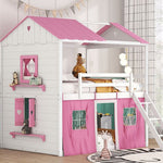 Kids Shared Room Full Size Wood Bunk Bed with House Design, Windows, Tent, Pink and White | Just Better Bunk Beds - View 19