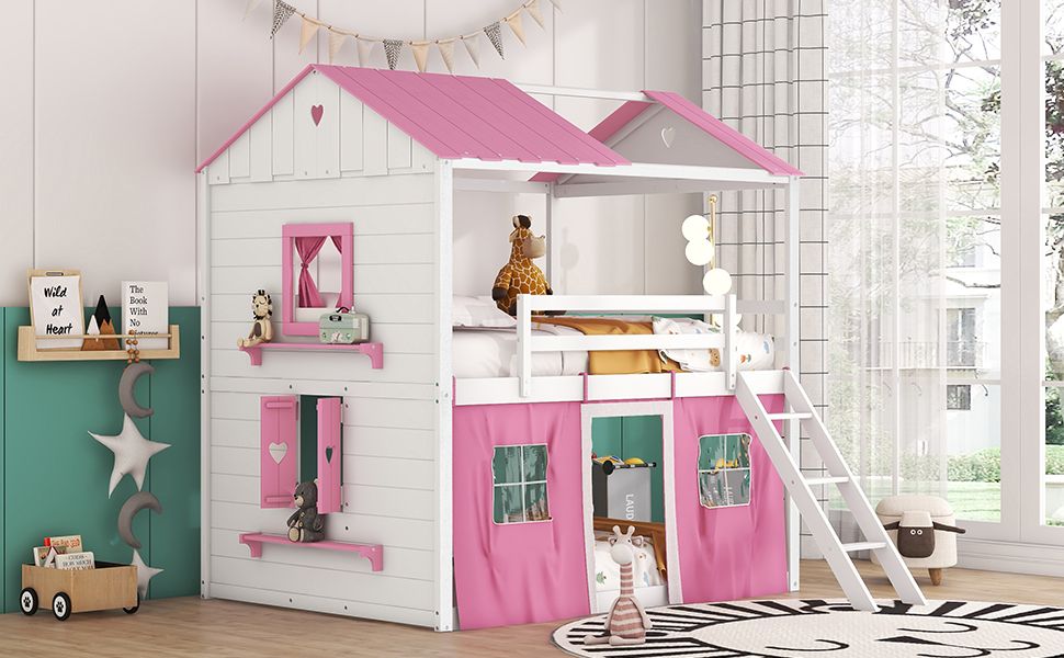 Kids Shared Room Full Size Wood Bunk Bed with House Design, Windows, Tent, Pink and White | Just Better Bunk Beds - View 19