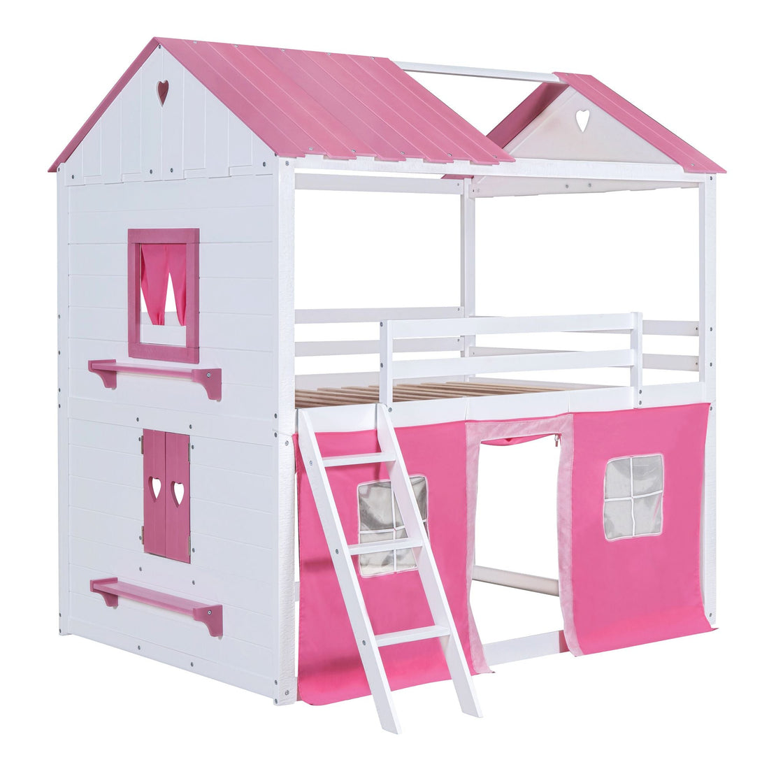 Kids Shared Room Full Size Wood Bunk Bed with House Design, Windows, Tent, Pink and White | Just Better Bunk Beds - View 5