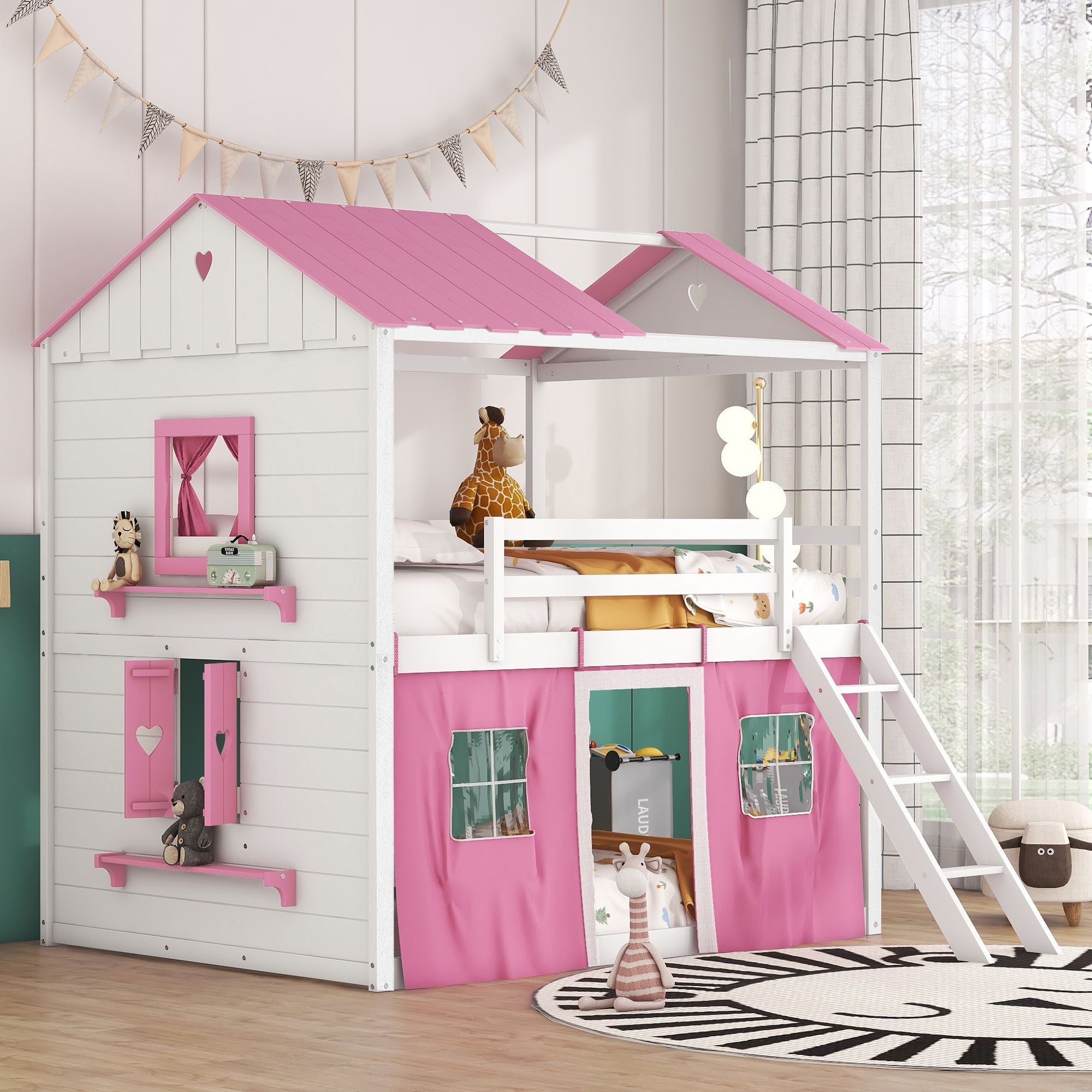 Kids Shared Room Full Size Wood Bunk Bed with House Design, Windows, Tent, Pink and White | Just Better Bunk Beds - Front View