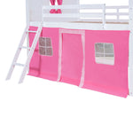 Kids Shared Room Full Size Wood Bunk Bed with House Design, Windows, Tent, Pink and White | Just Better Bunk Beds - View 13
