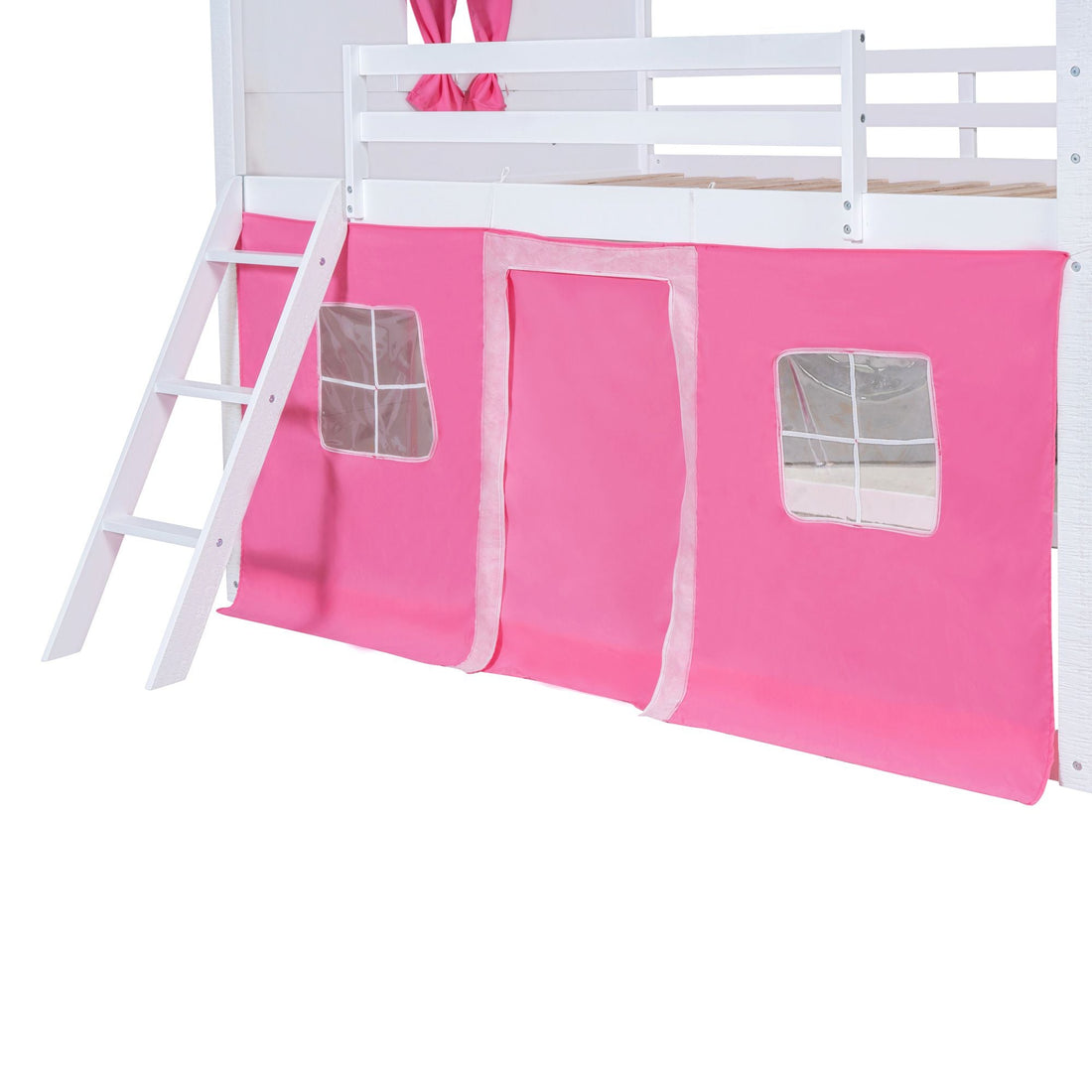 Kids Shared Room Full Size Wood Bunk Bed with House Design, Windows, Tent, Pink and White | Just Better Bunk Beds - View 13