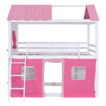 Kids Shared Room Full Size Wood Bunk Bed with House Design, Windows, Tent, Pink and White | Just Better Bunk Beds - Assembly View
