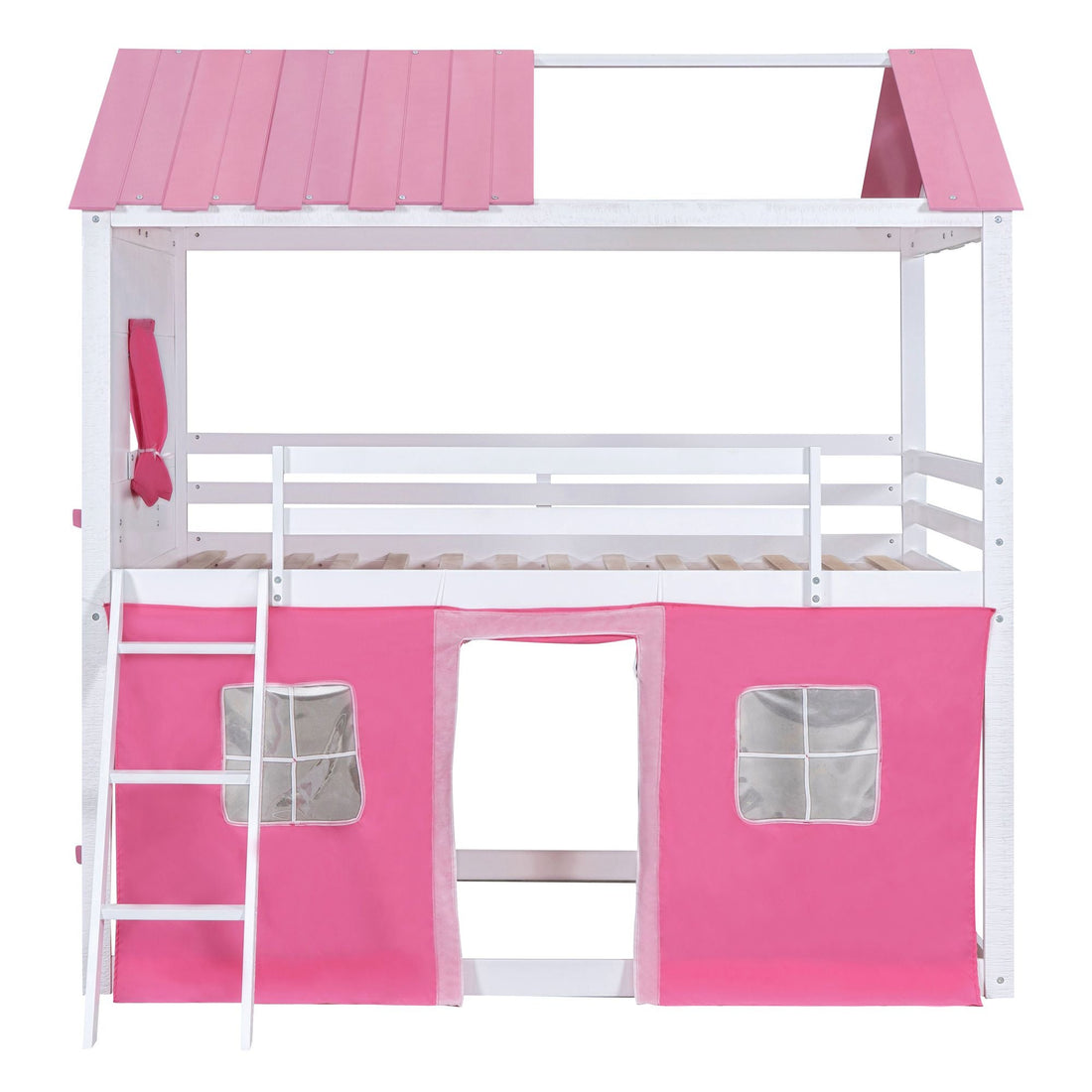 Kids Shared Room Full Size Wood Bunk Bed with House Design, Windows, Tent, Pink and White | Just Better Bunk Beds - Assembly View