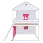 Kids Shared Room Full Size Wood Bunk Bed with House Design, Windows, Tent, Pink and White | Just Better Bunk Beds - View 15